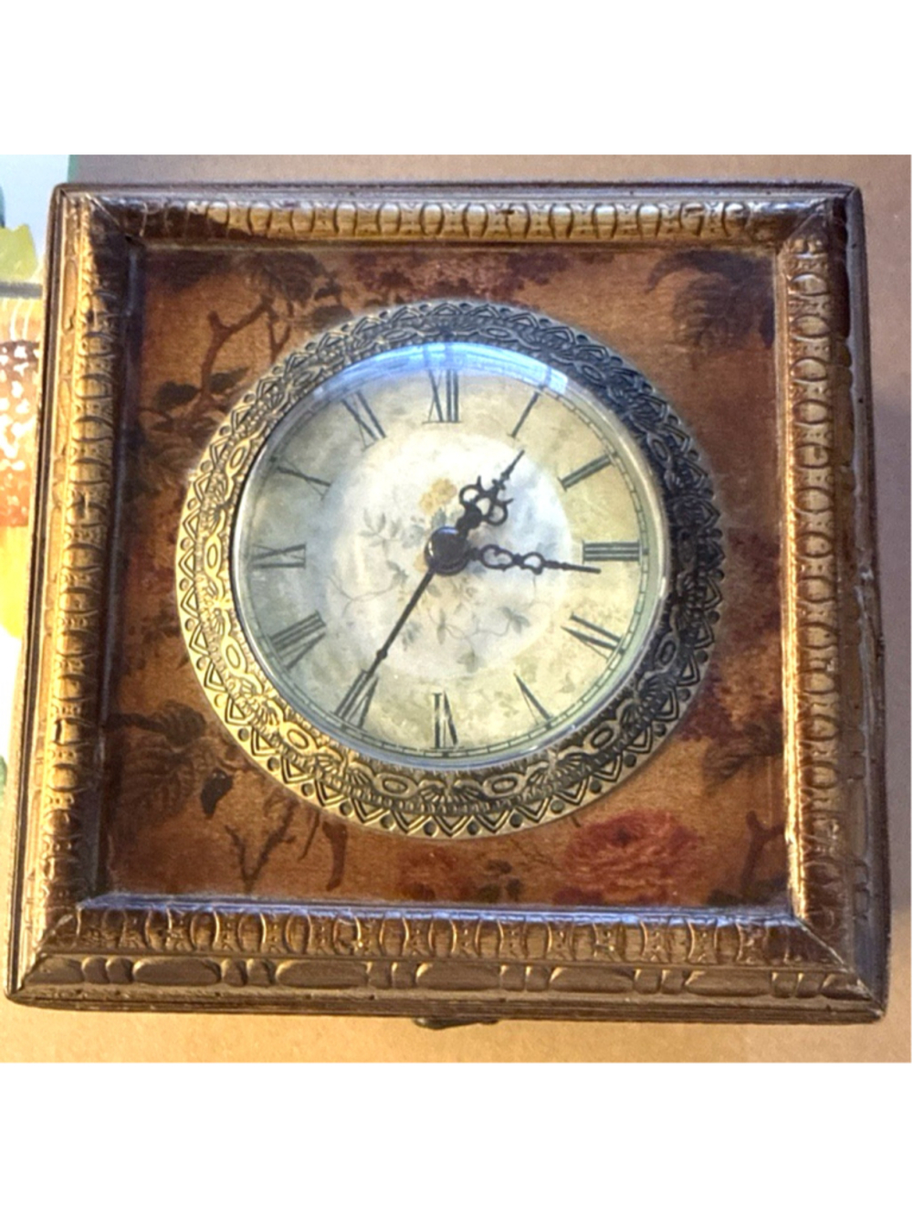 Wood Box Mirror Clock Lacquered Latch Works Brown Bronze Brass Antique Look